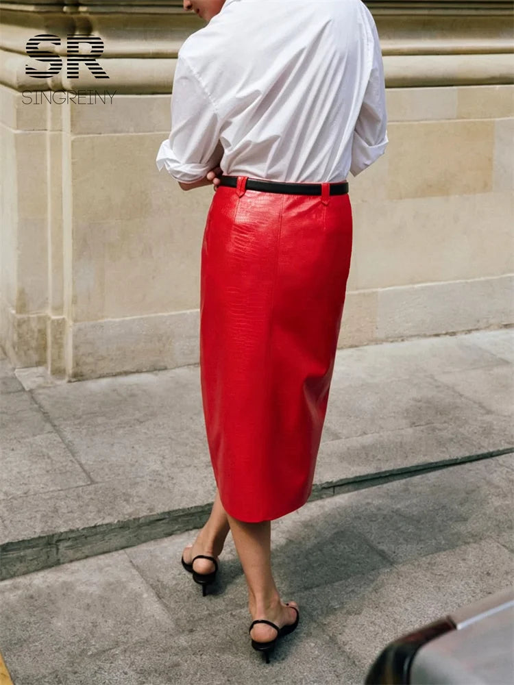 SINGREINY Autumn Fake Crocodile Grain Leather Midi Skirts Women Streetwear Winter Plaid Textural Luxury Leather Long Skirts