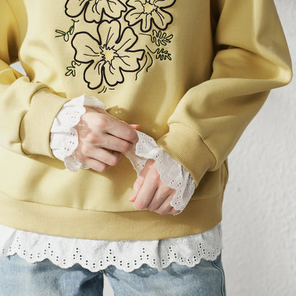 TOYOUTH Women's Floral Embroidered Lace Splicing Fake Two Piece Sweatshirt 2026 Autumn New Round Neck Loose Fit