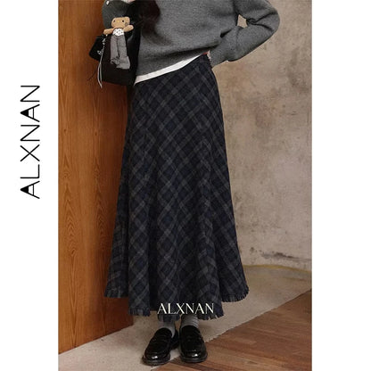 ALXNAN Gray Plaid Skirt High-waist Long A-line Checkered Fishtail Skirt Fall Casual Office Lady Elegant Tassel Skirts L57318