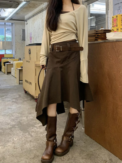 Women's Skirts 2026 Spring Autumn Vintage Irregular Skirt Fashion Unique Design Flowy A Line Mid Skirt