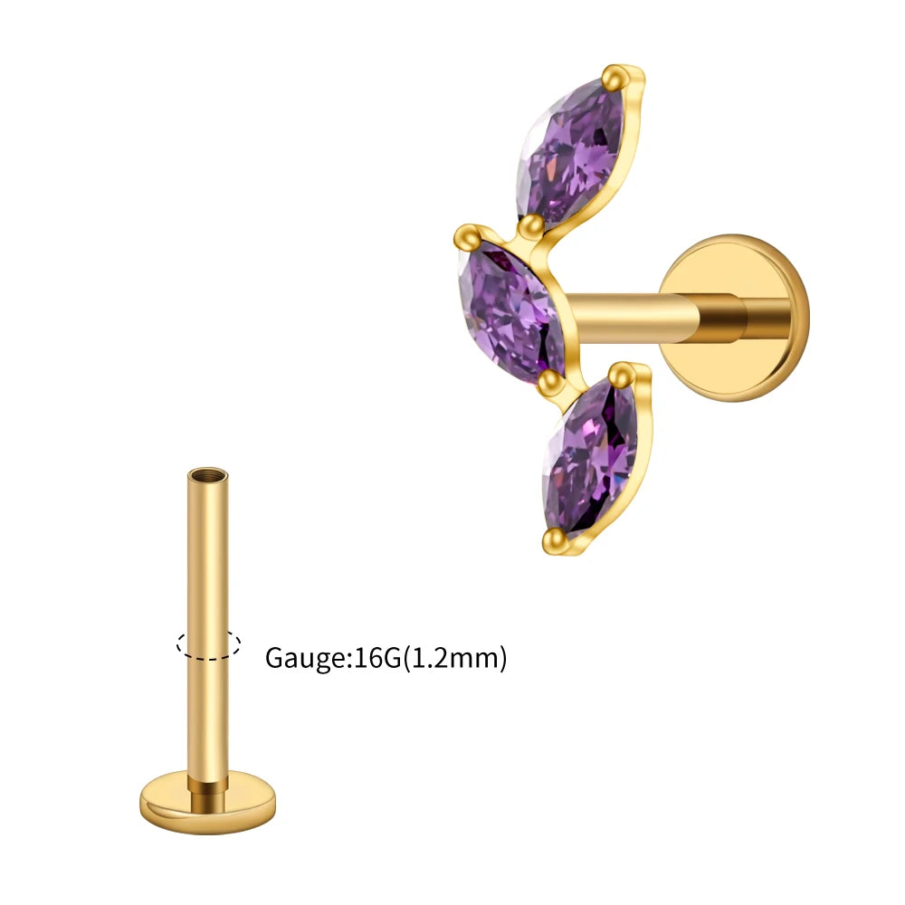 Right Grand ASTM F136 Titanium Triple Marquise Labret Stud 16G CZ Cluster Climber Cartilage Earring Tragus Helix Ear Piercing