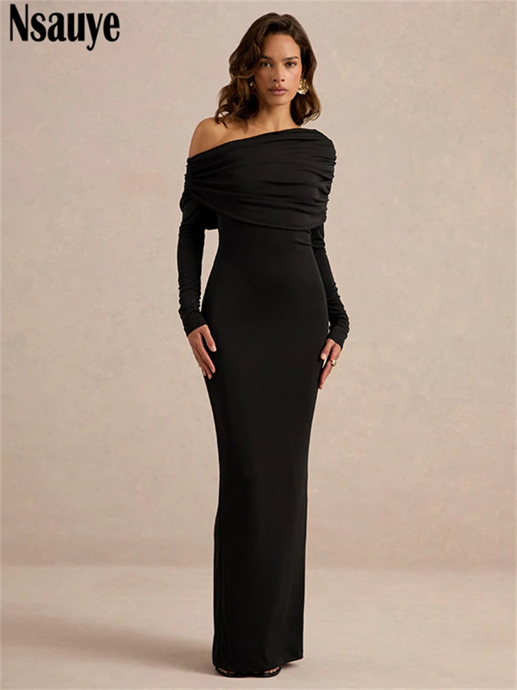 Nsauye Sexy Women Off Shoulder Evening Birthday Party Night Club Maxi Dress Elegant Long Sleeve Fashion Winter Bodycon Dress