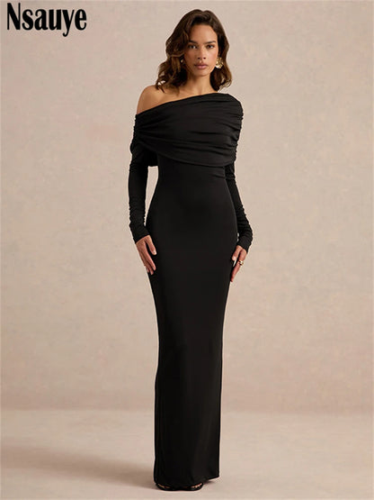 Nsauye Sexy Women Off Shoulder Evening Birthday Party Night Club Maxi Dress Elegant Long Sleeve Fashion Winter Bodycon Dress