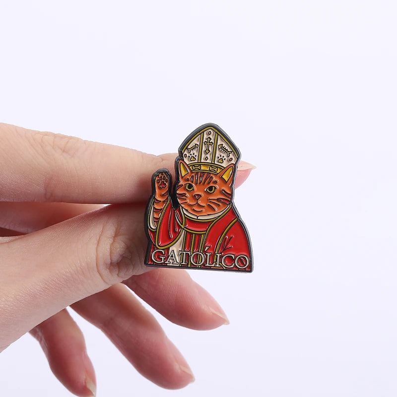 Sacred & Solemn Catholic Cat Brooch Enamel Pins Religious Belief GATOLICO Cat Brooches Lapel Badge Fun Jewelry Gift for Friends