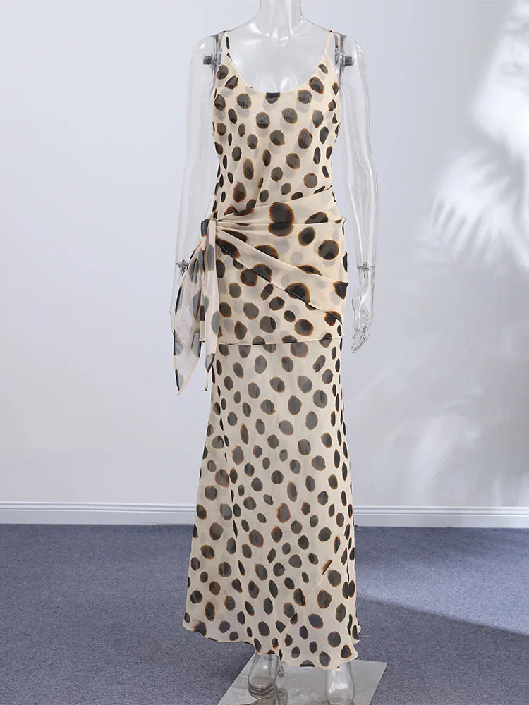 Polka Dots Print Detachable Scarf Sling Dress 2026 New Ladies Slim V-neck Spaghetti Strap Long Robes Women's Beach Dresses