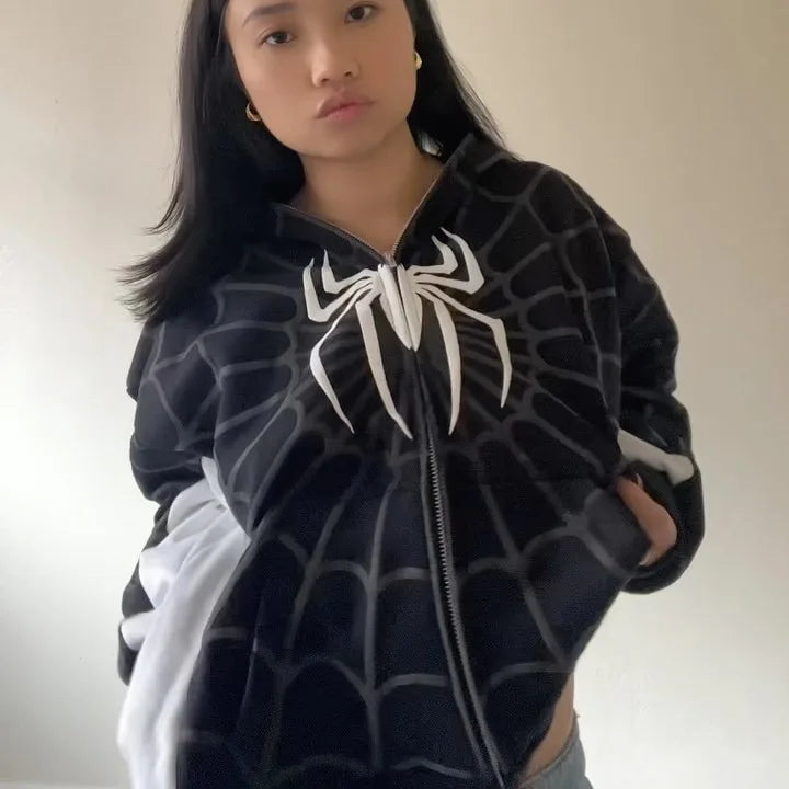 New Gothic Dark Spider Print Hooded Cardigan Loose Sweater Jacket Women