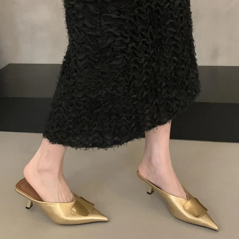 Maogu Luxury Slides Pointed Toe Ladies Shoes Summer Fashion Footwear Thin Mid Heels Shoe Slides Slippers Women 2025 Chain Mules