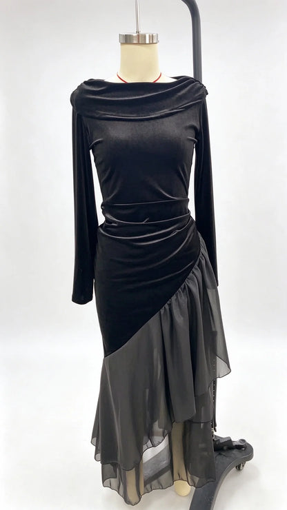 Elegant Women's Party Dress Spring Autumn Fashion Boat Neck Irregular Hem Loose Long Dresses Ladies Ruffles Temperament Dress