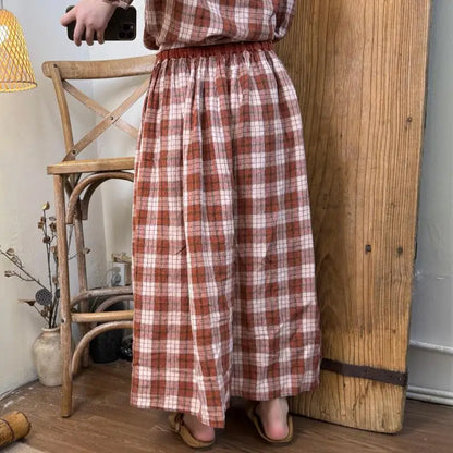 New Autumn Arts Style Women Elastic Waist Loose A-line Long Skirts All-matched Casual Plaid Cotton Linen Maxi Skirt Good Quality