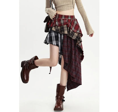 Summer Women Skirt Irregular Plaid Streetwear Patchwork Oversize Spice Girl Design Harajuku Female Midi Skirt