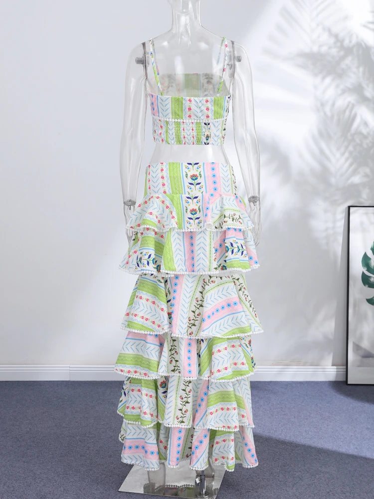 Vacation Floral Printed Cascading Ruffle Skirt Sets Women Sleeveless Sling Top Cake Long Skirts 2026 Summer Holiday Sweet Outfit