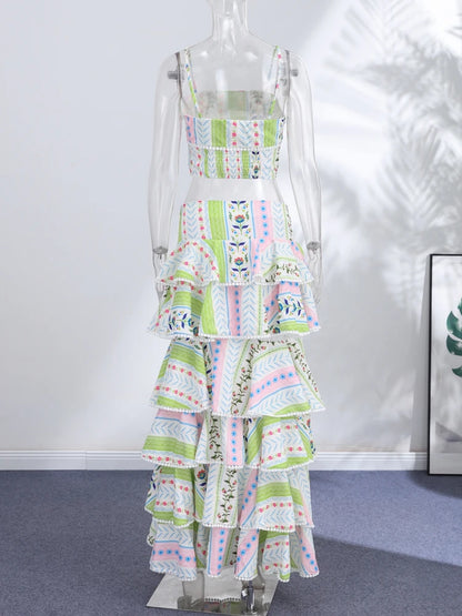 Vacation Floral Printed Cascading Ruffle Skirt Sets Women Sleeveless Sling Top Cake Long Skirts 2026 Summer Holiday Sweet Outfit