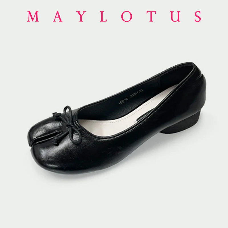 Split Toe 3cm Heel Tabi Shoes Slip On Leather Comfy Shoes Soft Bottom Solid Ladies Moccasins with Bowknot