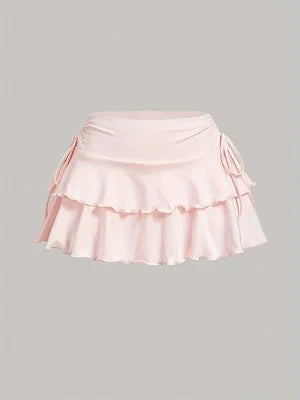 Plus Size Women's Ruffled Mini Skirt High Waist Tiered Layered Drawstring Casual Skirt