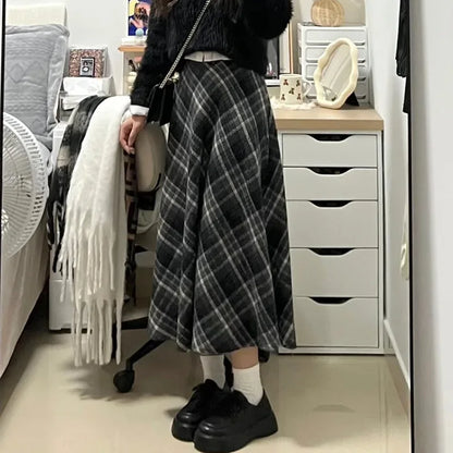 Plaid Woolen  Skirt Women's High Waist Slim A-Line Midi Spring Autumn Seasonal Umbrella Skirt Fashionable Ladies' Skirt