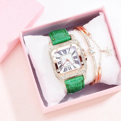 Women Diamond Watch Starry Square Dial Bracelet Watches Set Ladies Leather Band Quartz Wristwatch Female Clock Zegarek Damski