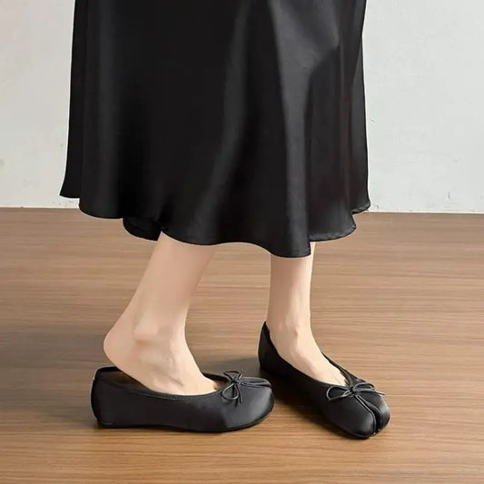 Women Satin Split Toe Ballet Flats Bowtie Slip On Shoes Elegant Silk Soft Flat Loafers Fashion Casual Walking Footwear