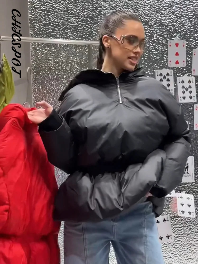 Women's Padded Jackets Hooded Stand Collar Zipper Cropped Coats Winter Female Lantern Sleeves Solid Loose Jacket New Outerwears