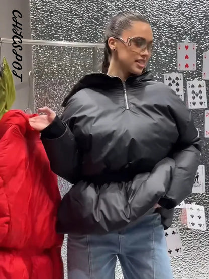 Women's Padded Jackets Hooded Stand Collar Zipper Cropped Coats Winter Female Lantern Sleeves Solid Loose Jacket New Outerwears