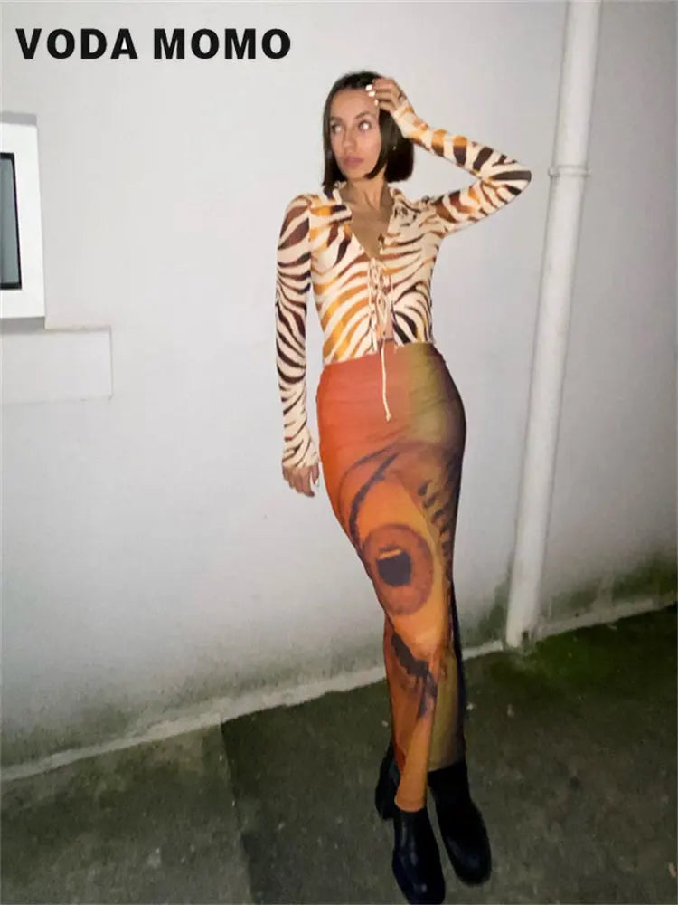 Retro Y2k Fairy Grunge Clothing Summer Trend Sexy Eye Print Midi Skirts Women Harajuku High Waist Goth Dark Tie Dye Long Skirt