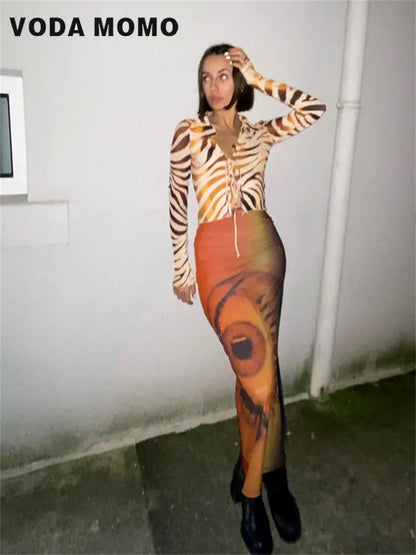 Retro Y2k Fairy Grunge Clothing Summer Trend Sexy Eye Print Midi Skirts Women Harajuku High Waist Goth Dark Tie Dye Long Skirt