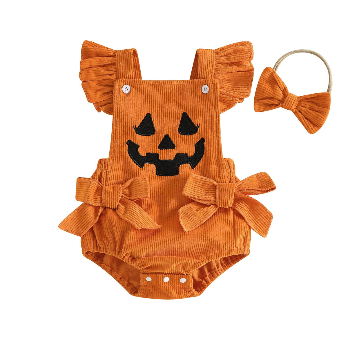 Citgeett Summer Halloween Infant Baby Girl Outfit Pattern Bows Ribbed Flying Sleeve Bodysuit Bow Headband Clothes Set