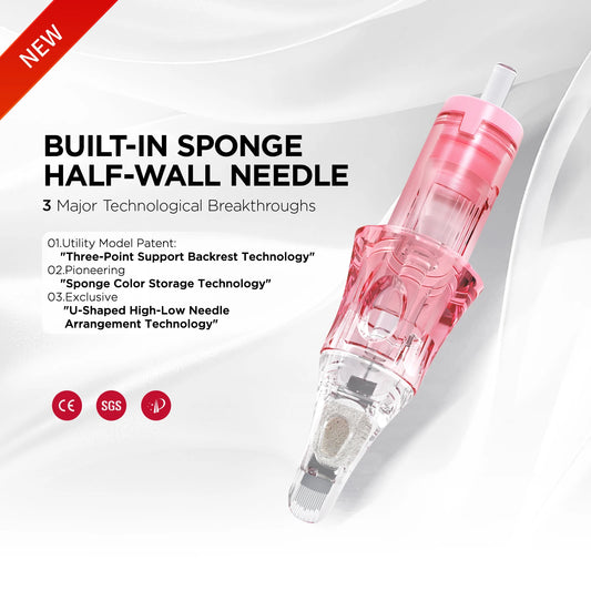 10Pcs U14/0.18&U12/0.25 Universal Tattoo Cartridge Needles Built-in Sponge Half-wall Needle for Tattoo Machine for Eyebrow & Lip