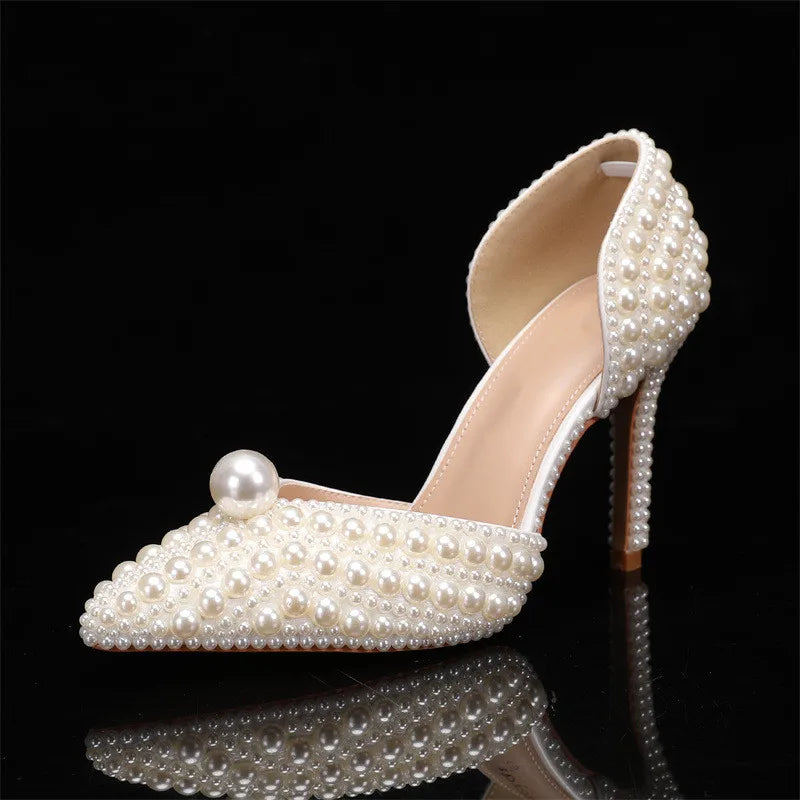 Luxury full pearls Beaded Decoration Women Pumps Elegant Pointed toe Thin High heels Female Wedding Bridal Banquet Prom Shoes