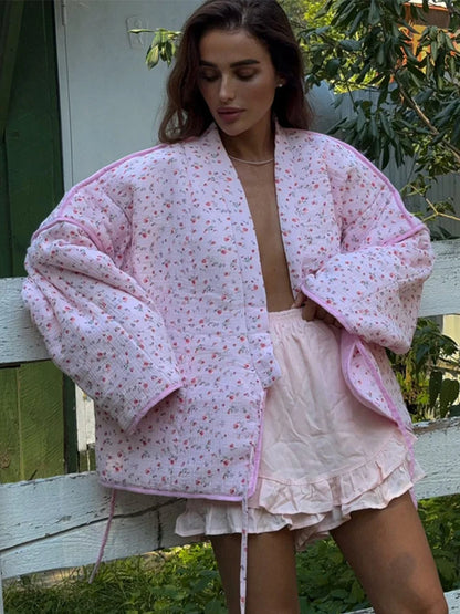 Casual Flower Printed Women Thick Coat Loose Lace Up Full Sleeve Female Quilted Jackets 2024 Autumn Winter Warm Lady Outwears
