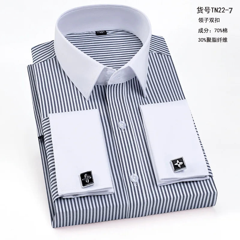 2026 Men's French Cufflink Shirt Slim-fit Colored Collar Business Dress Men's Long Sleeve Striped Shirt Collar