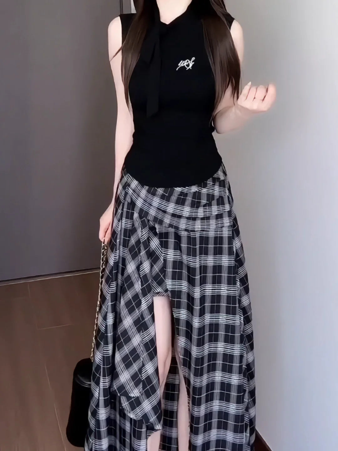 High Waist Asymmetric Plaid Skirt for Women Summer Breathable Comfortable A-Line Midi Skirt Slimming Design Split Front