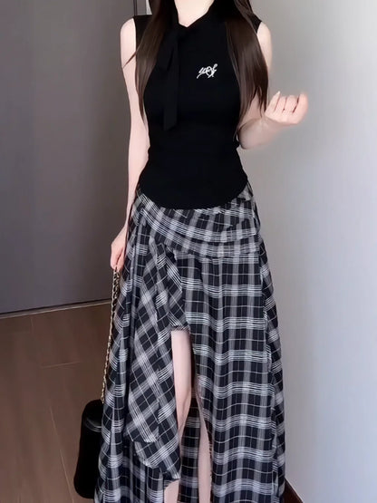 High Waist Asymmetric Plaid Skirt for Women Summer Breathable Comfortable A-Line Midi Skirt Slimming Design Split Front