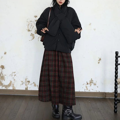 2025 Women's Autumn-Winter Vintage Check Tweed Mid-Length A-Line Umbrella-style Skirt With Wide Hips And Large Skirt Hem