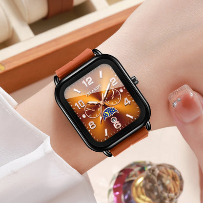 Fashion Square Women Watch Brown Silicone Strap Calendar Quartz Wristwatches Ladies Clock Relogio Feminino（Without Box）