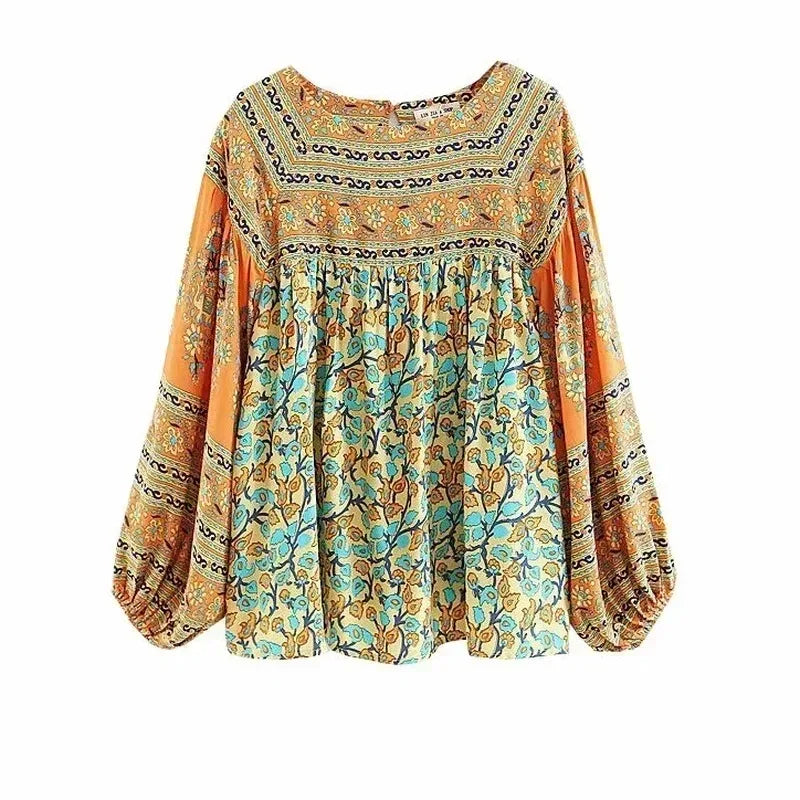 Vintage Chic Women Yellow Floral Print Long Sleeve Bohemian Blouse Shirt Loose Knited Boho Beach Rayon Cotton Blusa Tops