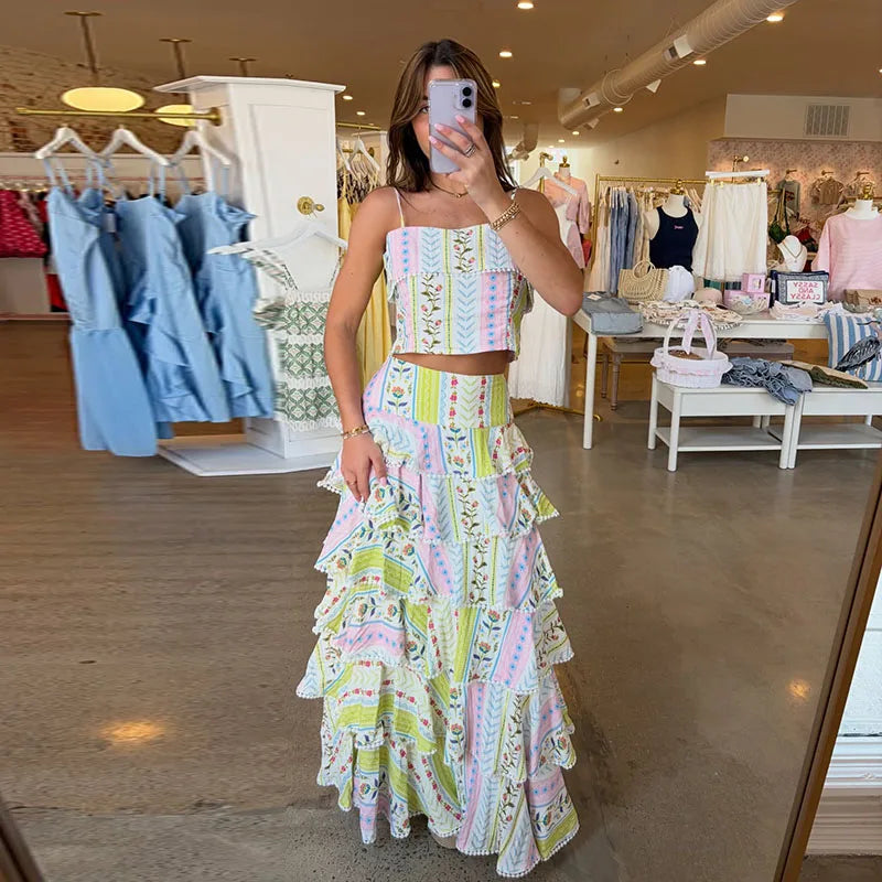Vacation Floral Printed Cascading Ruffle Skirt Sets Women Sleeveless Sling Top Cake Long Skirts 2026 Summer Holiday Sweet Outfit