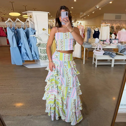 Vacation Floral Printed Cascading Ruffle Skirt Sets Women Sleeveless Sling Top Cake Long Skirts 2026 Summer Holiday Sweet Outfit