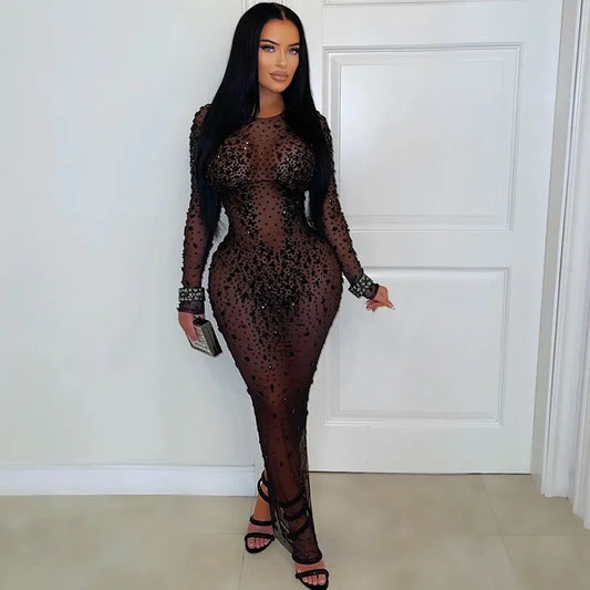 Doyerl Mesh See Through Black Rhinestone Dress Luxury Sexy Women Night Club Party Long Sleeve Back Split Bodycon Maxi Dresses