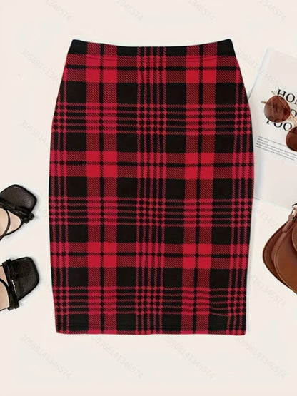 Sweet Cool Girl Red & Black Plaid High-Waist Bodycon Midi Skirt, Elastic Slim-Fit Pencil Skirt