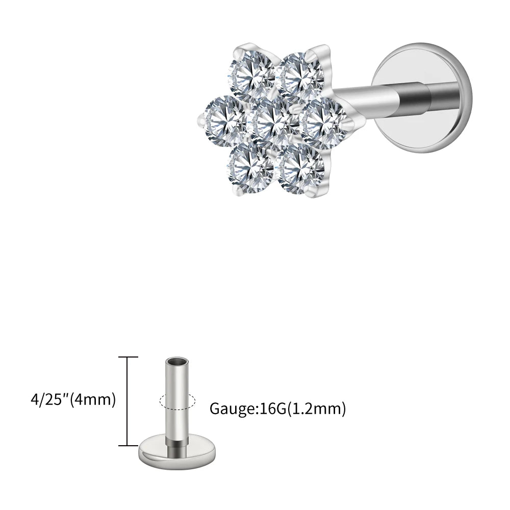 Right Grand ASTM F136 Titanium 16G Tiny Flower CZ Stud Earring Tragus Helix Rook Conch Labret Stud Flat back Cartilage Piercing