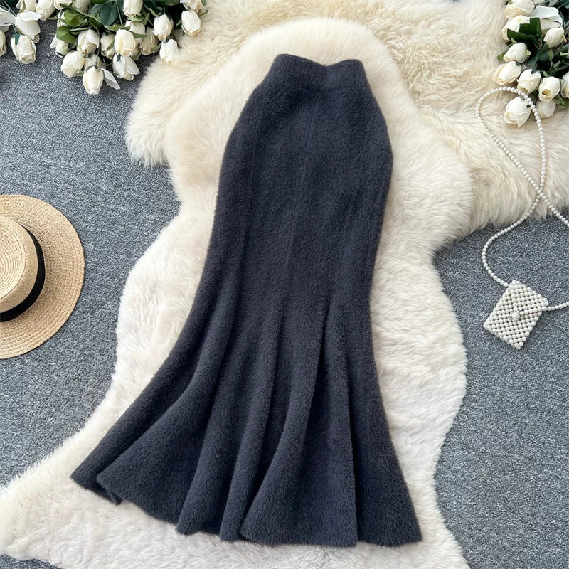 Women Faux Mink Knit Mermaid Skirt High Waist Soft Fuzzy Warm Sweater Skirt Fall Winter Elegant Bodycon Long Midi Skirts 636