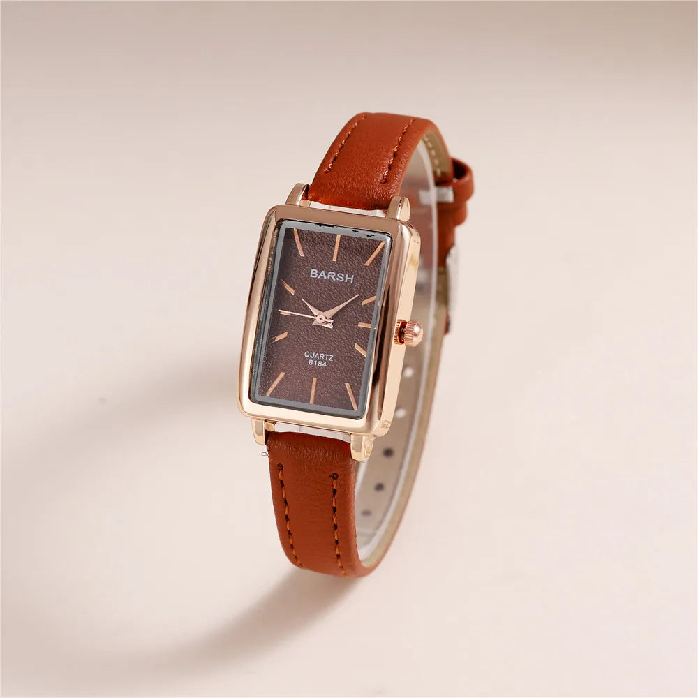 Fashion Rectangle Dial Quartz Women Leather Watch