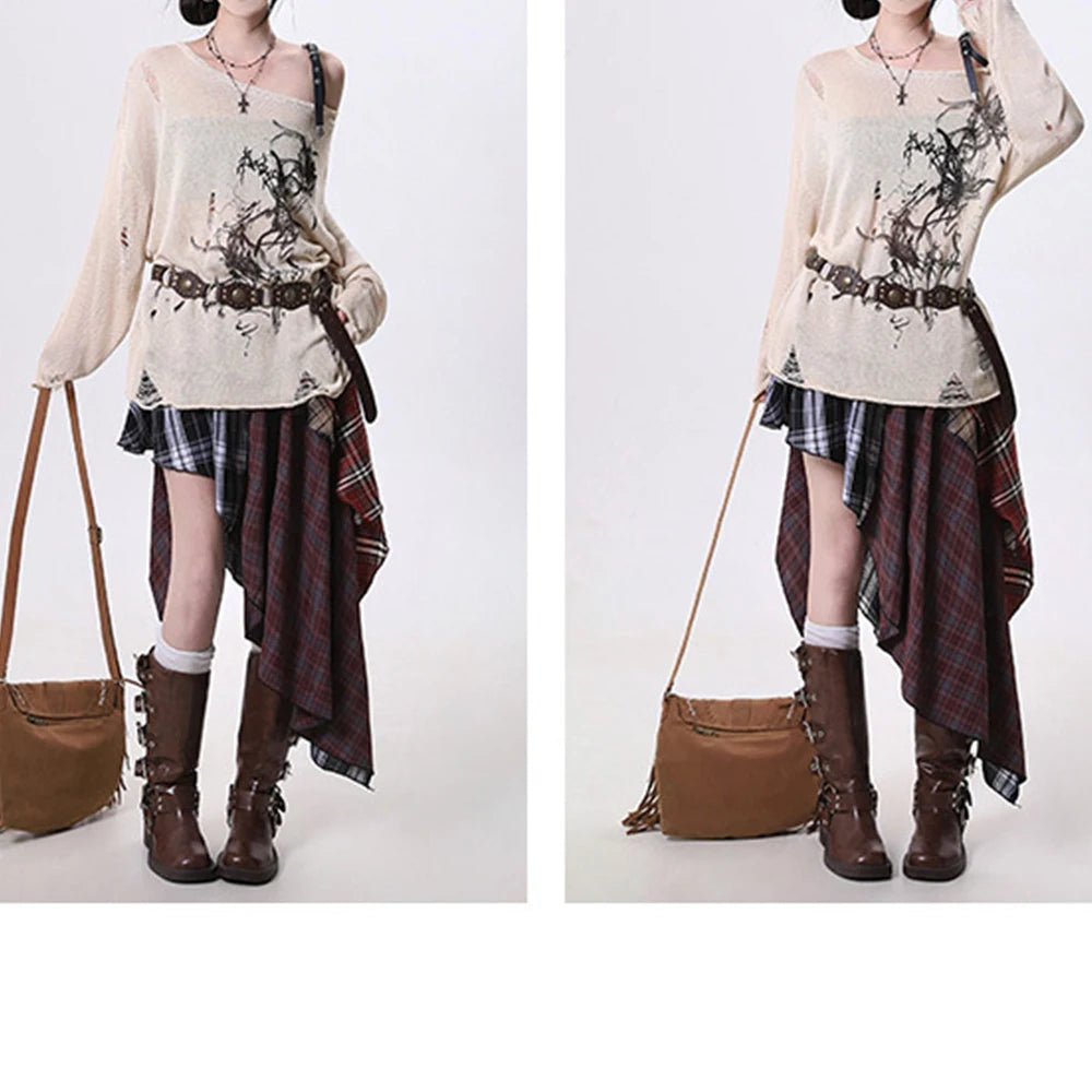 Summer Women Skirt Irregular Plaid Streetwear Patchwork Oversize Spice Girl Design Harajuku Female Midi Skirt