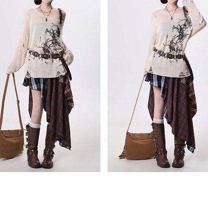 Summer Women Skirt Irregular Plaid Streetwear Patchwork Oversize Spice Girl Design Harajuku Female Midi Skirt