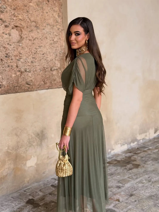 Women Solid Deep V-neck Mesh Long Dress Elegant Puff Short Sleeve Ruched Waist High Vestidos 2026 Summer Lady Casual Street Robe