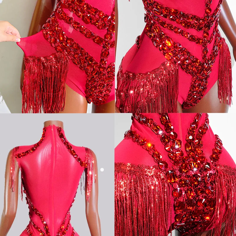 Black Sequins Fringes Leotard Mesh See through Party Bodysuit Women Sparkle Rhinestones Nightclub Prom Gogo Dance Stage Outfits