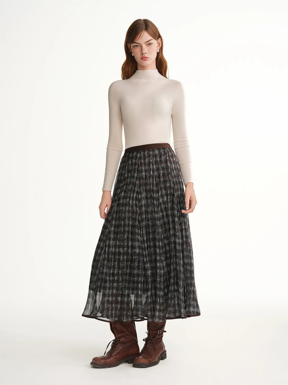 DUSHU Blue Brown Plaid Tulle Pleated Plaid Midi Skirt Women A-line Irregular Midi Skirt for Winter Vintage Fairy Personality Ins