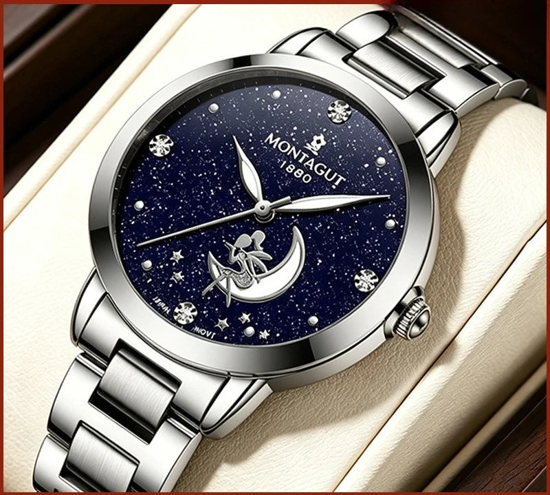 Women's Starry Sky Quartz Watch, Daily Waterproof & Luminous, Niche High-end Ladies Wristwatch with Shining Star Dial Design