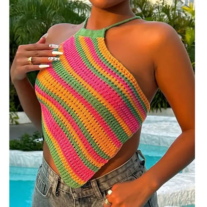 Backless Tank Top Summer Sleeveless Striped Vest Top Asymmetrical Color Lump Halter Crop Top Women