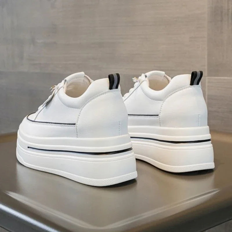 Womens Casual Sneakers Inserted Height Platform Shoes Lace-up Ladies Vulcanized Shoes Leather Breathable Women Shoes Comfortable